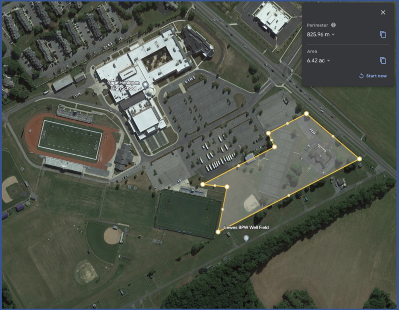 The district office comprises six acres, including the tennis courts, adjacent to Cape Henlopen High School.